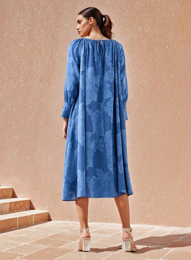 Iconic Floral Gathered Dress with Volume Sleeves and Pockets - Image 3